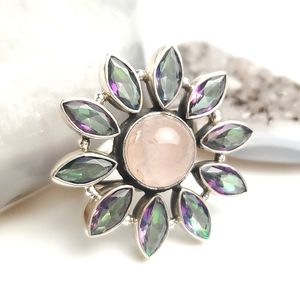 Sterling Silver Rose Quartz and Rainbow Quartz Flower Sun Ring Size 8